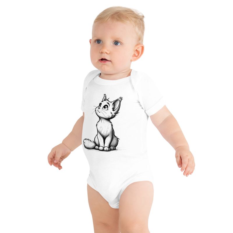 Baby Short Sleeve One Piece, 3-24 Months, Cat kitten sitting up, looking cute, mirrored