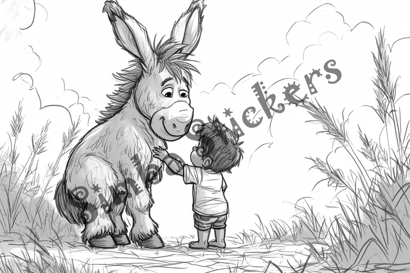 Colouring pages, bundle of donkeys with children, 10 images