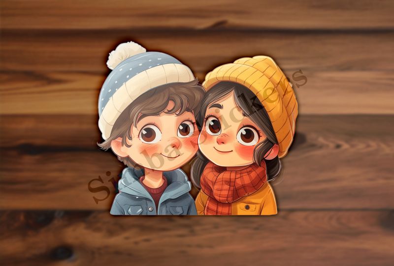 Boy and girl, in winter hats, cheek-to-cheek