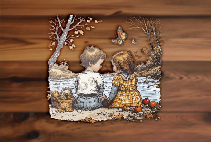 Boy and girl with a picnic basket by a river, fruits on the ground