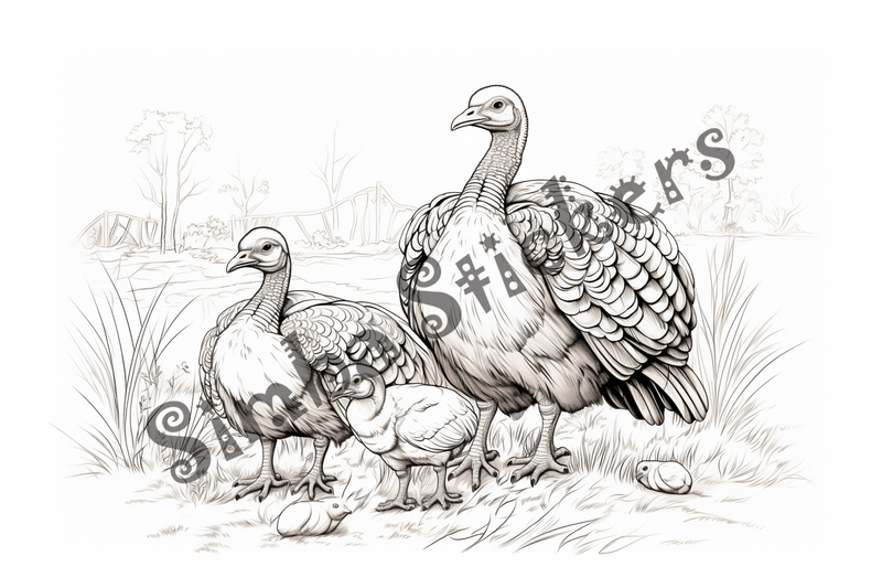 Colouring pages, bundle of turkey mother with poults, 10 images