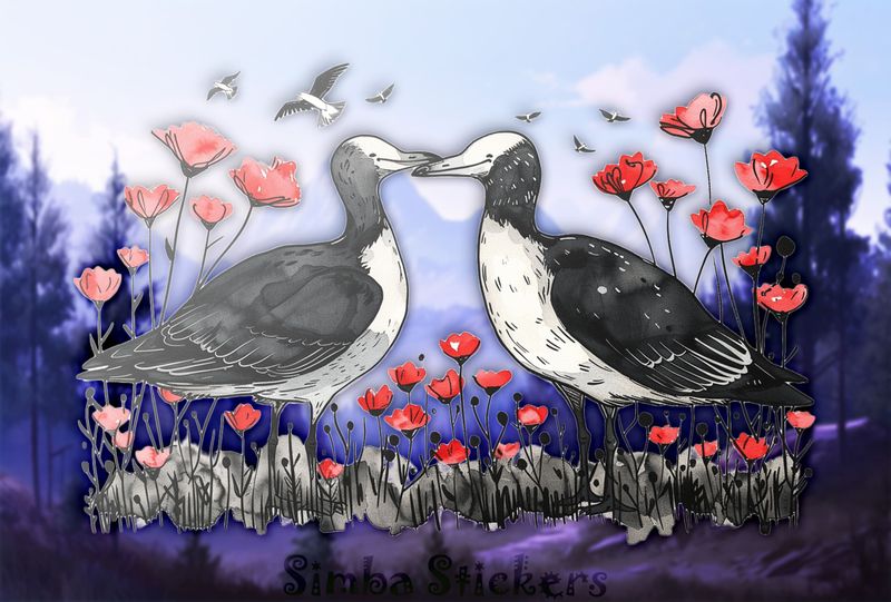 Seagulls in love beak-to-beak among flowers, watercolour, yloot2