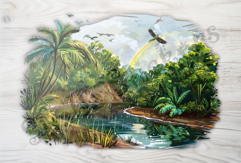 Equatorial Rainforest under the rainbow, with flowing river