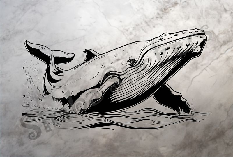 Whale almost completely above water, outline art