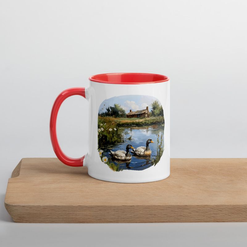 White Ceramic Mug with Color Inside, 11 &amp;15oz, Ducks in love swimming in farmhouse pond 