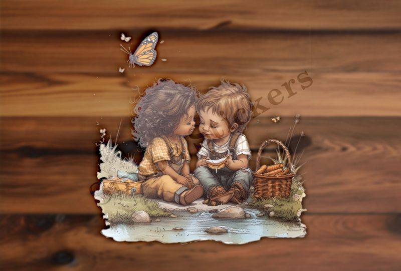 Boy and girl with a picnic basket by a pond, watercolour