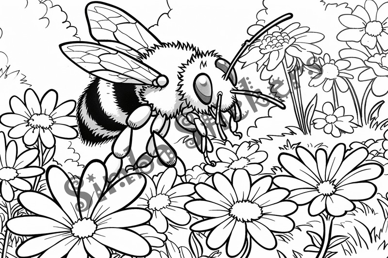 Colouring pages, bundle of bees around flowers, 10 images