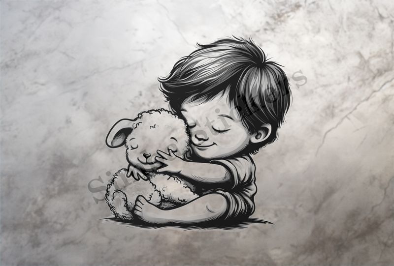 Small lamb hugged by sitting little girl , outline art