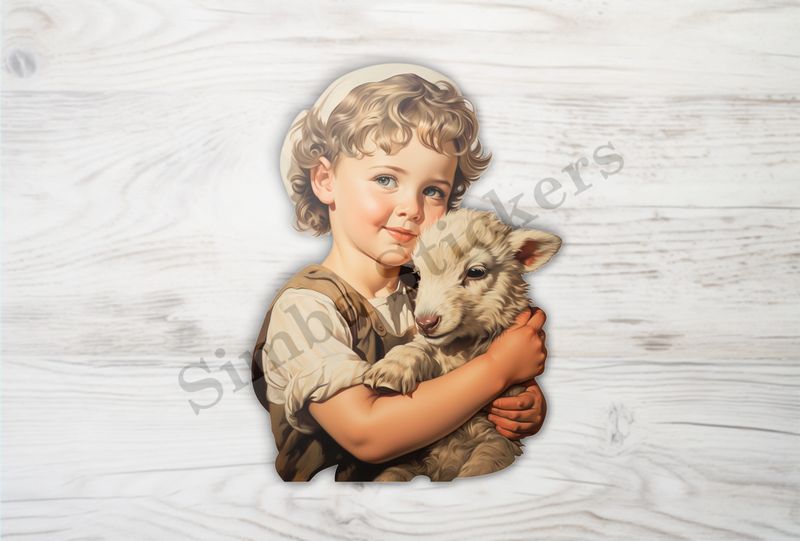 Lamb in arms of small boy wearing white head-covering, vintage