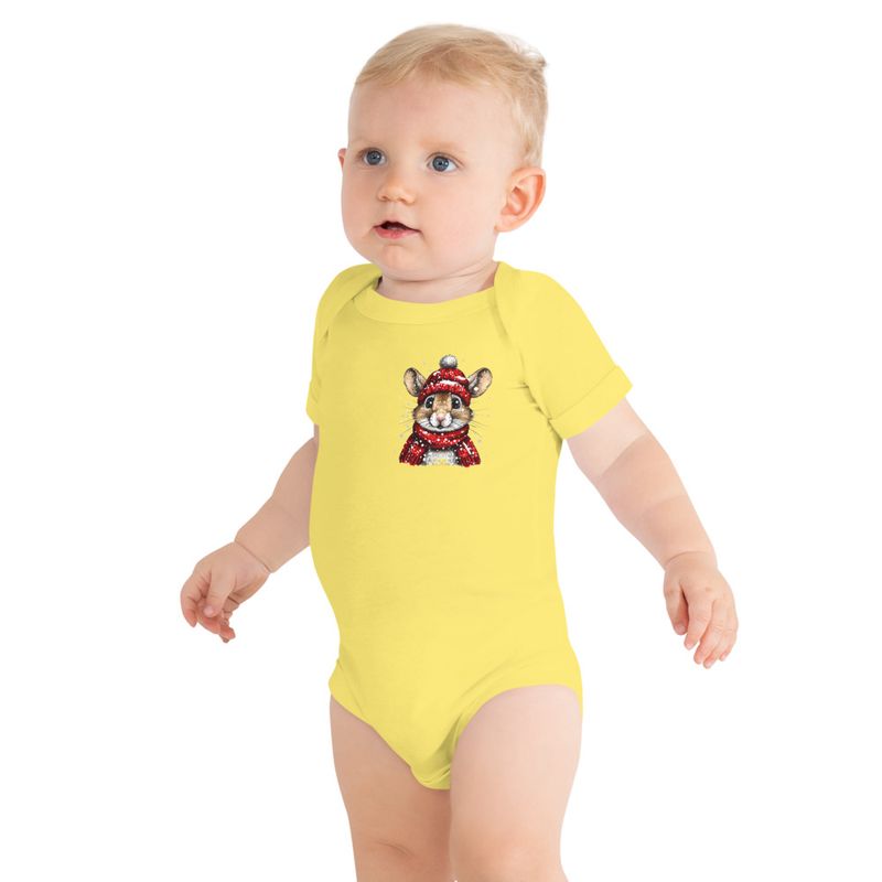 Baby Short Sleeve One Piece, 3-24 Months, Mouse wearing red winter hat and scarf, xg8dl3, left chest
