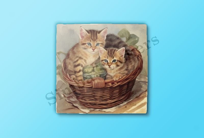 Kittens in a basket, vintage watercolour