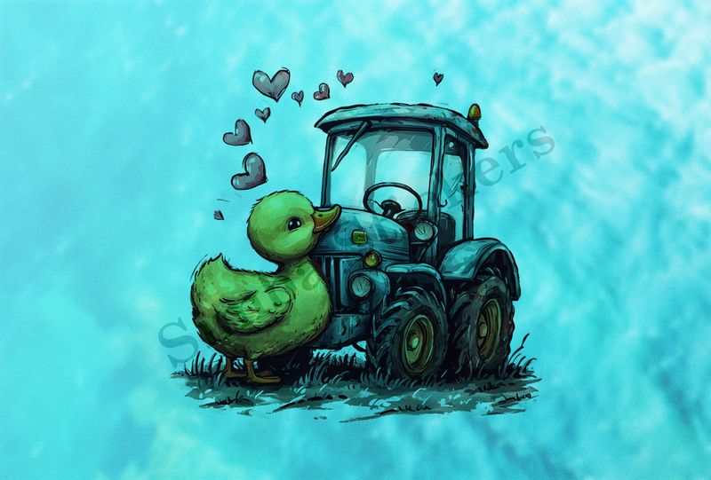 Duckling kissing hood of farmer&#x27;s tractor