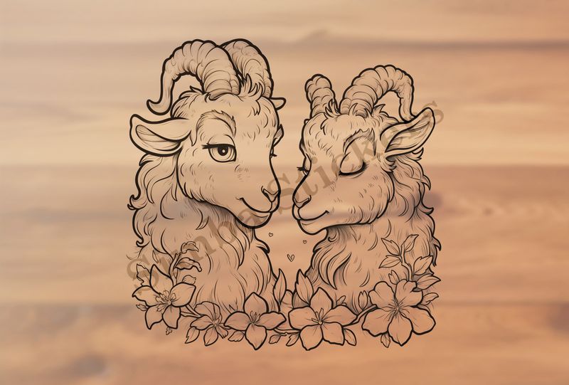 Goat younglings in love, with flowers, outline art