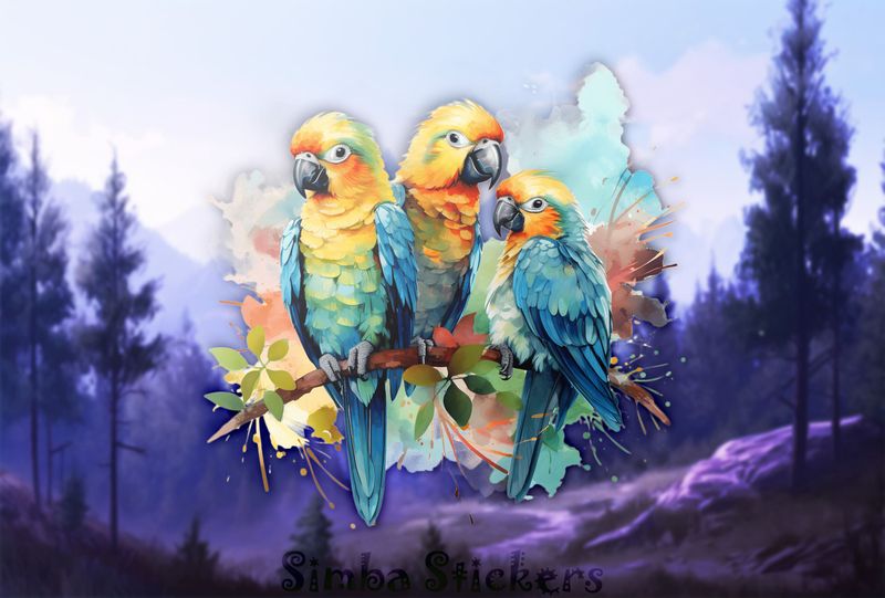 Parrots in love with youngling perching, watercolour, qadbu2