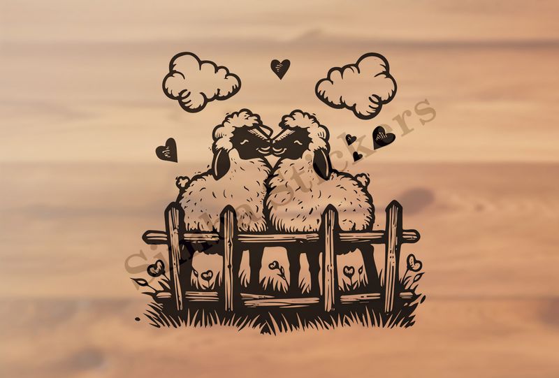 Sheep in love behind a fence, under clouds, outline art