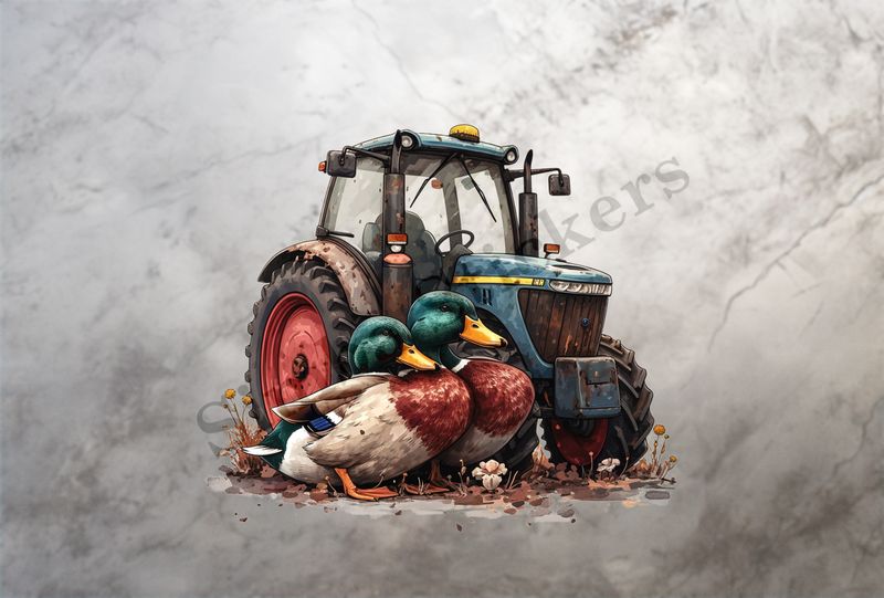 Ducks cuddling in front of farmer&#x27;s tractor