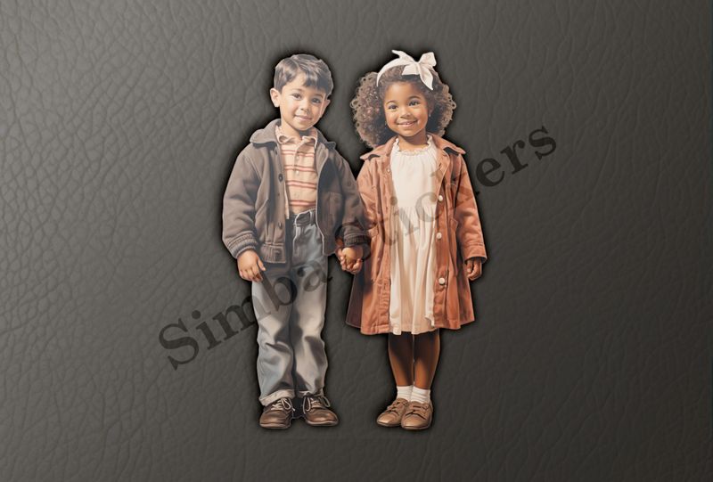 Boy and girls holding hands, smiling, bow in girl&#x27;s hair