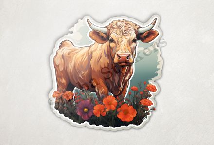 Bull in a field of flowers, watercolour