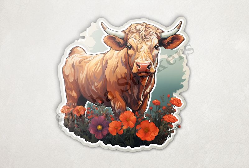 Bull in a field of flowers, watercolour
