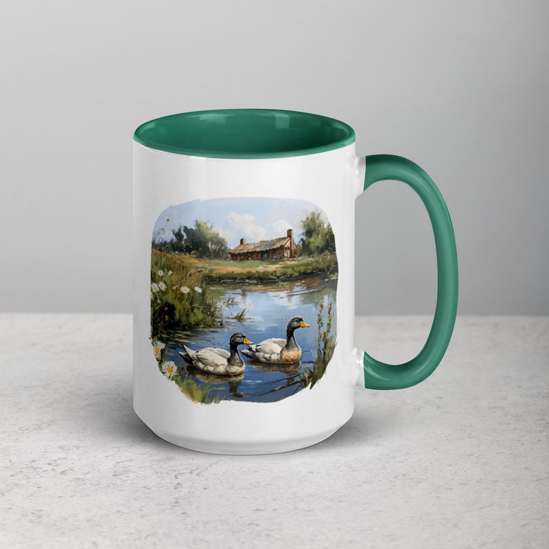 White Ceramic Mug with Color Inside, 11 &amp;15oz, Ducks in love swimming in farmhouse pond 