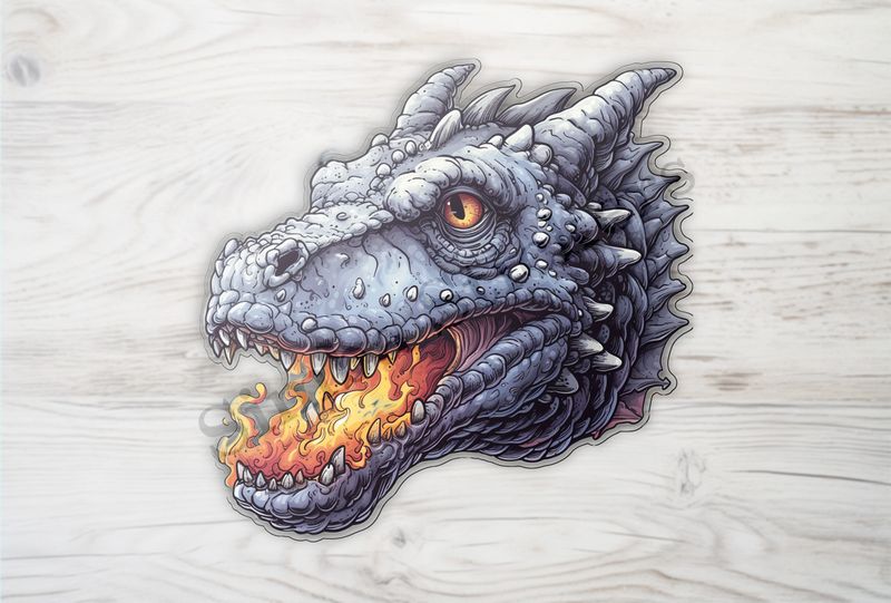 Fierce grey dragon breathing fire, face
