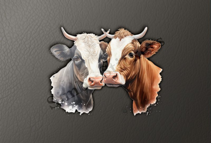 Cows, black and brown,  nose-to-nose, watercolour