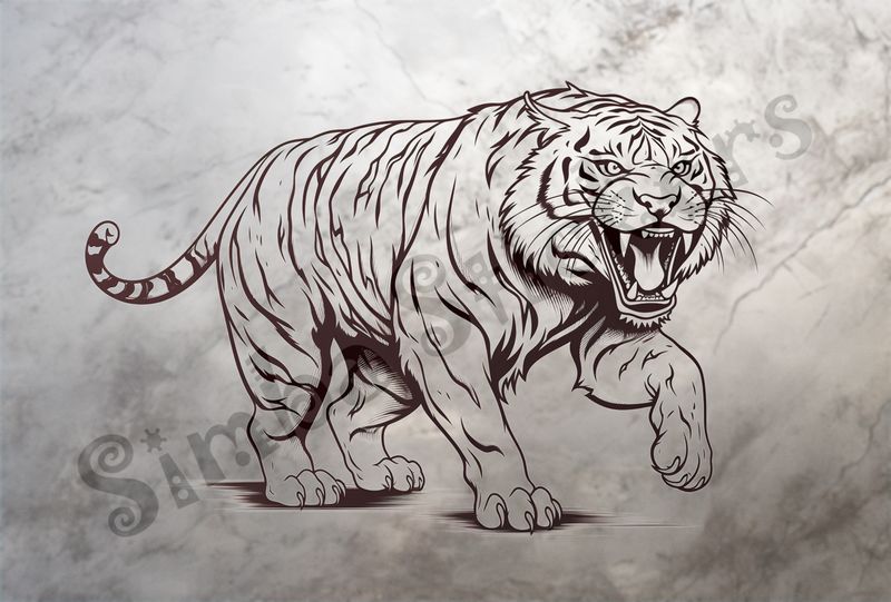 Tiger snarling and looking fierce, outline art