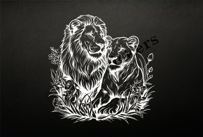 Lion with lioness, in the midst of flowers , outline art
