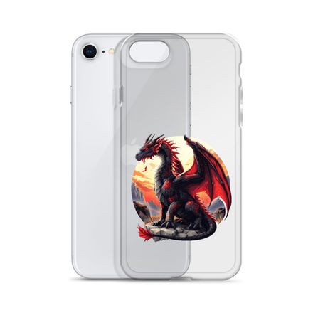 Clear Case for iPhone, Black and red dragon perching on a high rock in the sunset, ufiusf