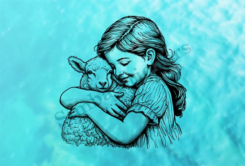 Sheep lamb hugged by girl of European origin, outline art