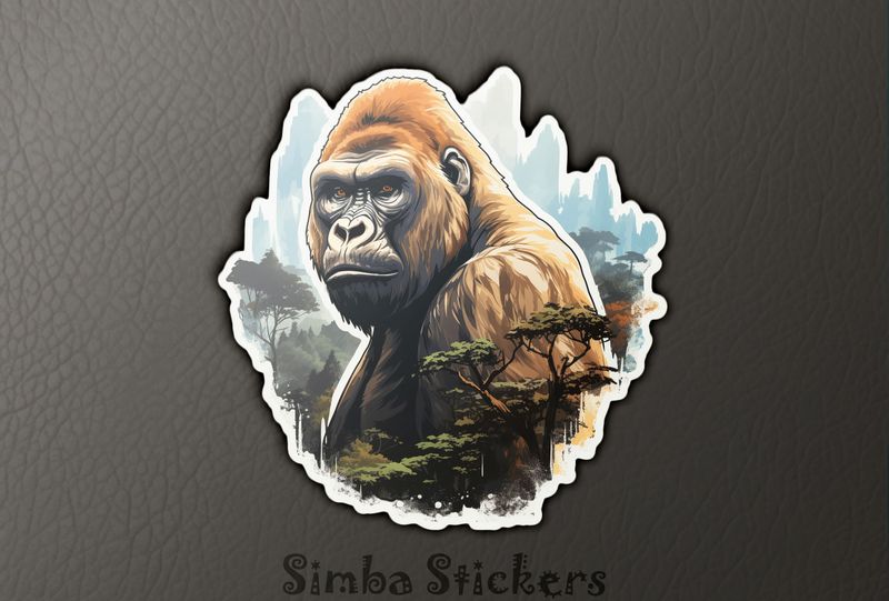 Sad gorilla with forest foreground, woftzi