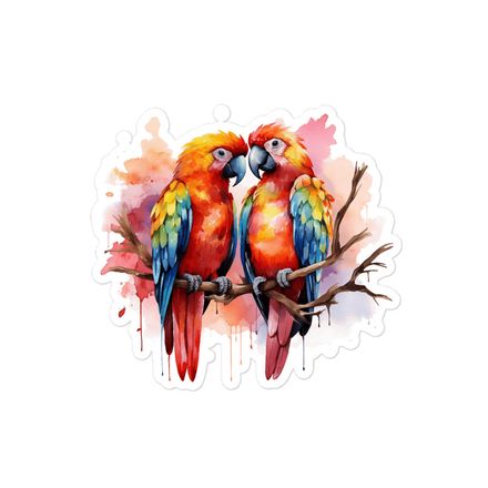 Sticker 4x4, Parrots in love perching nose-to-nose in pinkish background, watercolour, cpi3i9