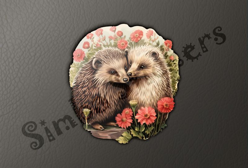 Porcupines in love cheek-to-cheek in love with flowers all around, watercolour
