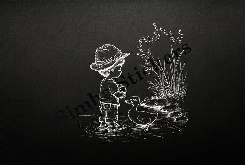 Duck approaching boy holding duckling in a pond, outline art