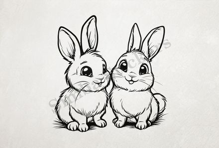 Bunnies in love, smiling,  outline art