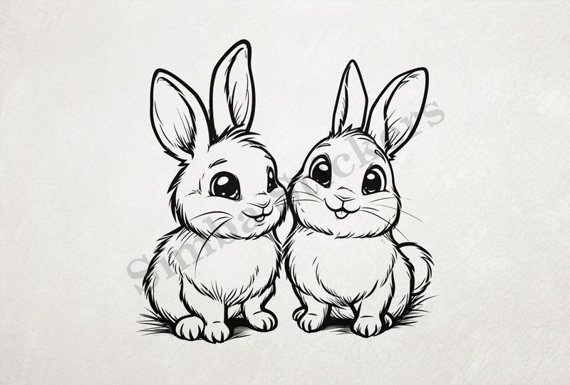 Bunnies in love, smiling,  outline art