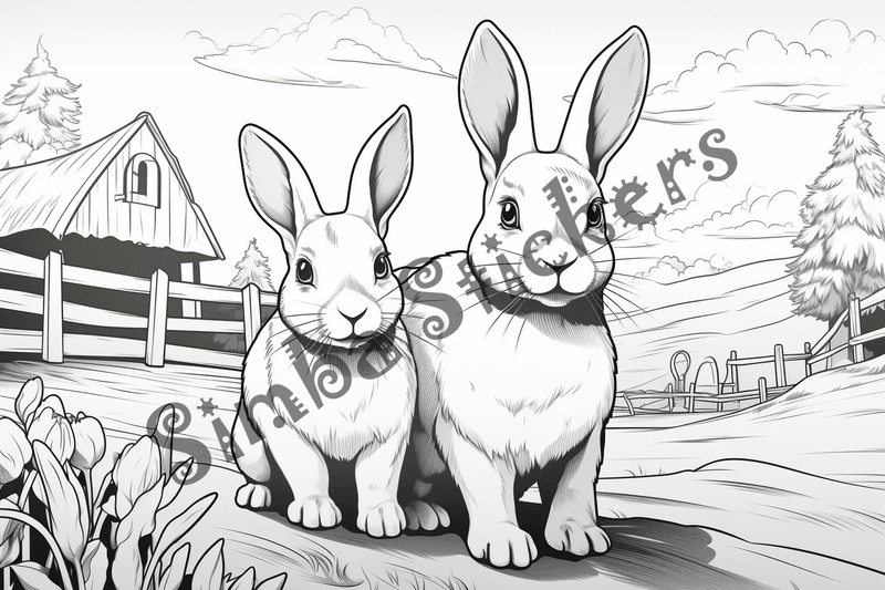 Colouring pages, bundle of rabbits on a farm, 10 images