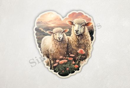 Sheep ewe and ram in love, picturesque background, vintage