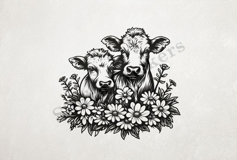 Bull and cow, romantic, with flowers ,  outline art
