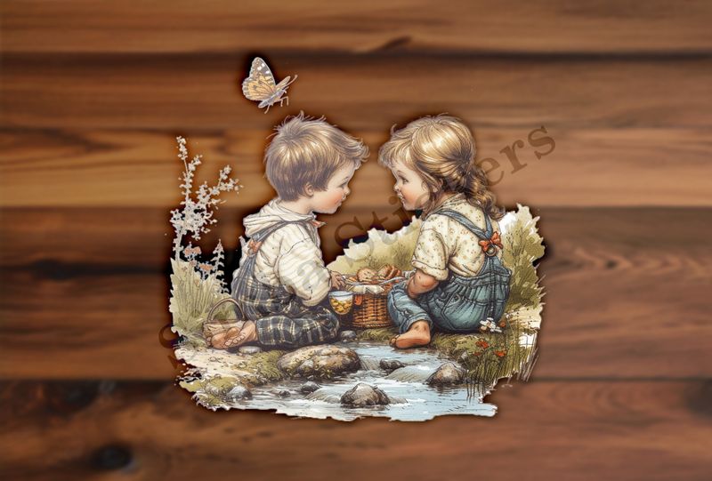 Boy and girl in love, sitting by a stream, watercolour