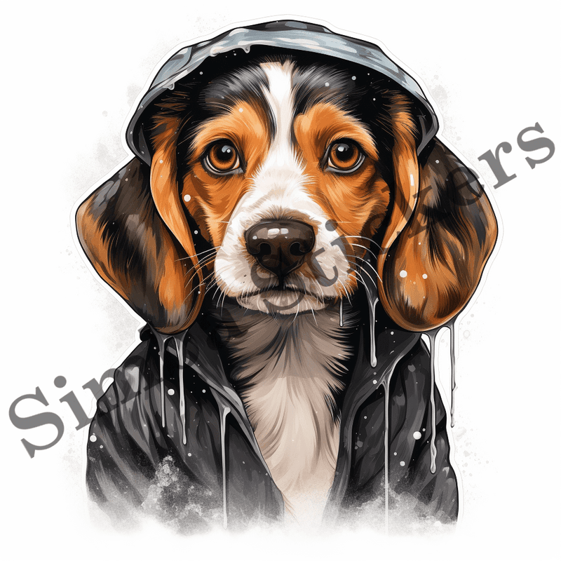 Beagle dogs in the rain, image set, 10 images