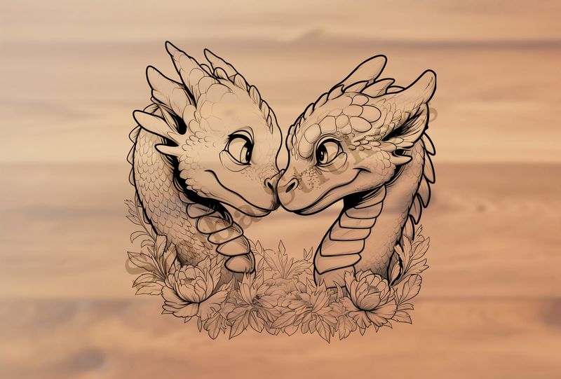 Cute dragons nose-to-nose in love,  outline art