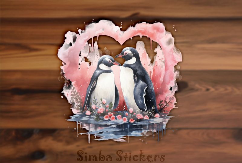 Penguins in love beak-to-beak in romantic flowers, watercolour, 0cqdo6