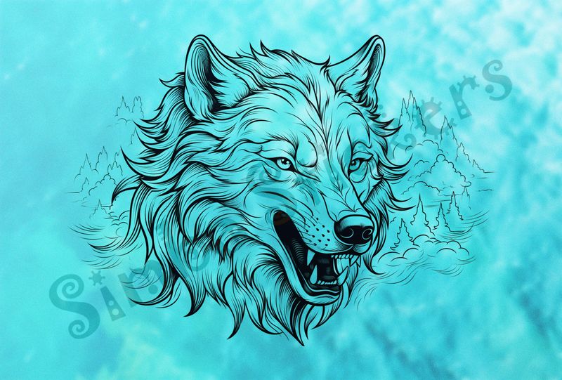 Wolf snarling, face close-up, outline art