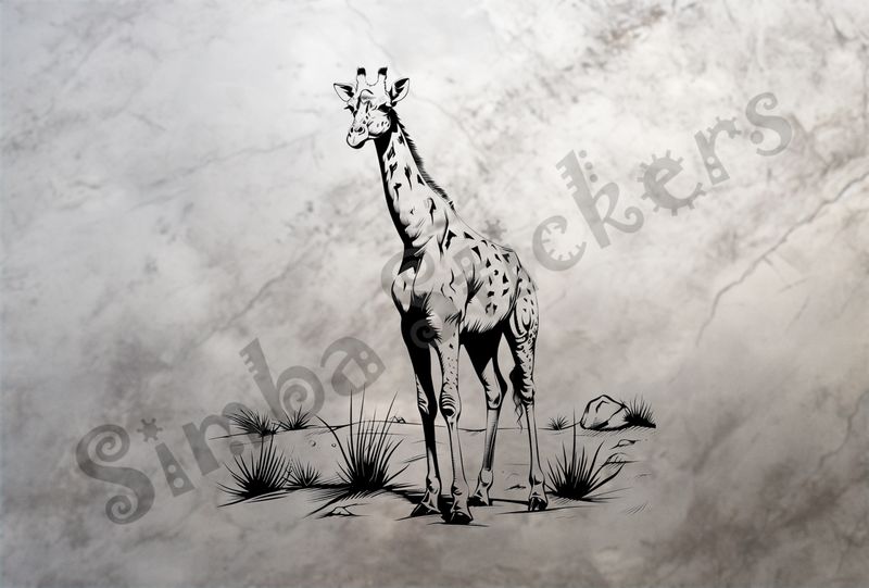 Giraffe facing frontwards in shrubs, outline art
