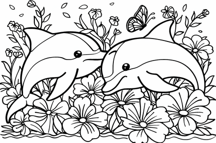 Colouring pages, bundle of dolphins  in flowers, 10 images