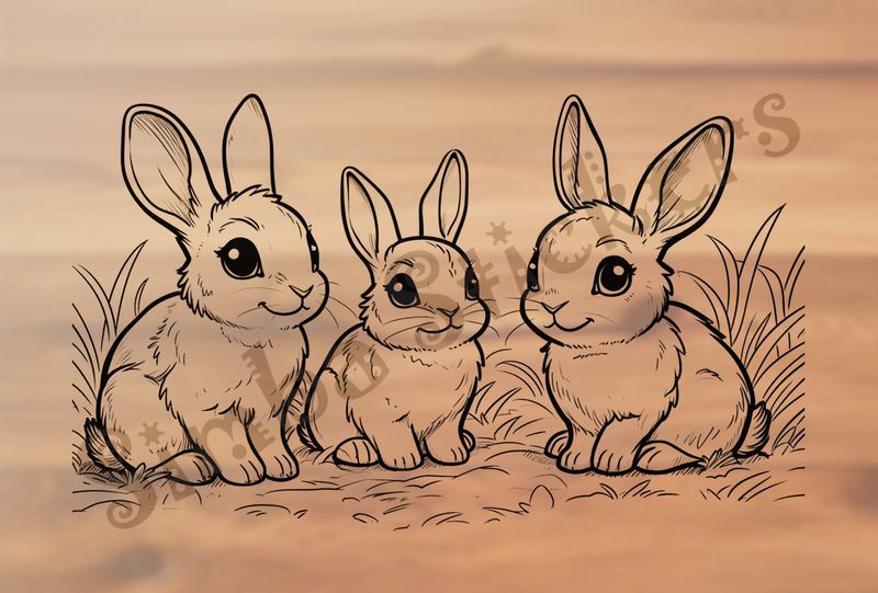 Group of 3 hares in the field, outline art