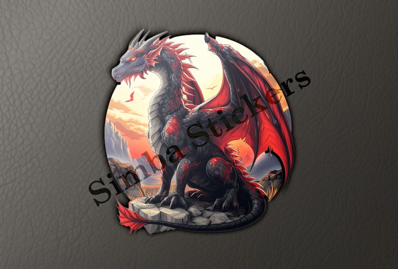 Black and red dragon perching on a high rock in the sunset
