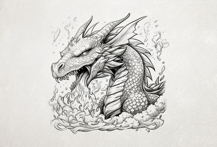 Dragon breathing fire, engulfed in smoke, outline art