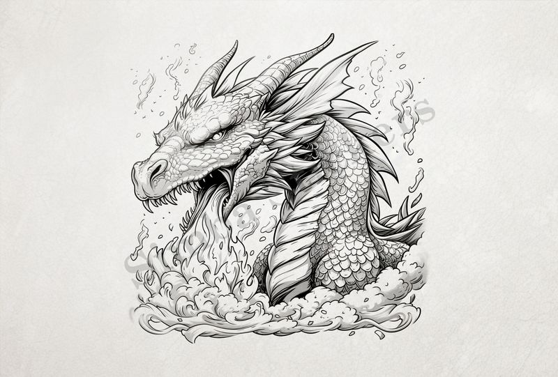Dragon breathing fire, engulfed in smoke, outline art